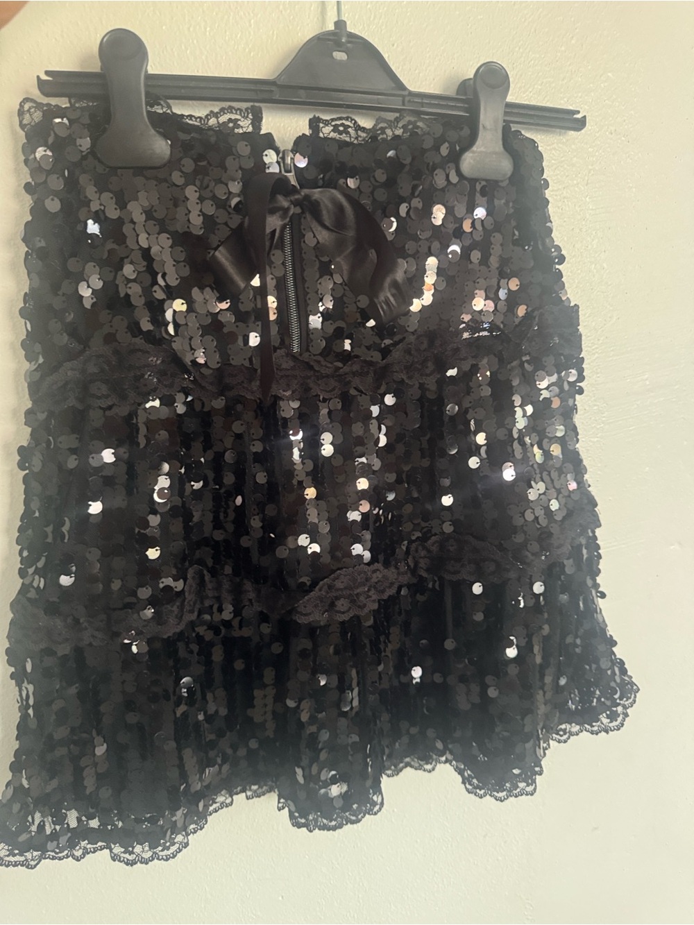 RED Valentino Black Sequin Lace Mini Skirt with Satin Bow